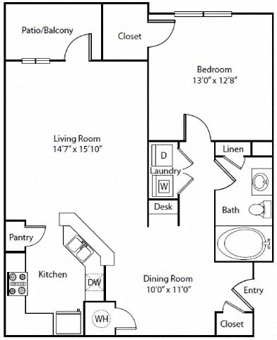 Floor plan for 1 bed, 1 bath, 880 sqft